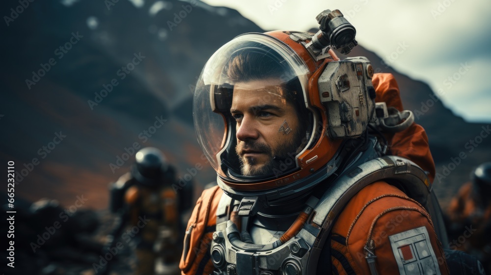 Back view of astronaut wearing space suit walking on a surface of a red planet Back view of astronaut wearing space suit walking on a surface of a red planet