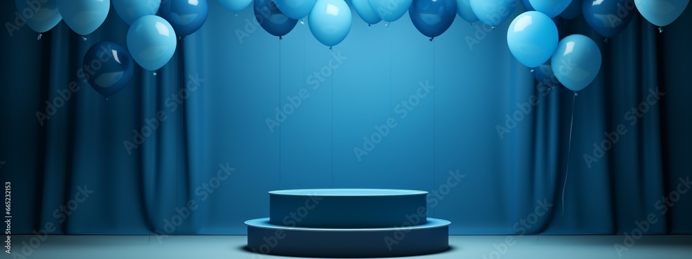 Blue 3D podium balloon background gift present stage product box platform birthday. Podium mockup 3D sale festive party template blue concept open scene white stand shop graphic display illustration. - obrazy, fototapety, plakaty 