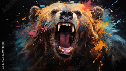 Colorful painting of a bear with creative abstract elements as background