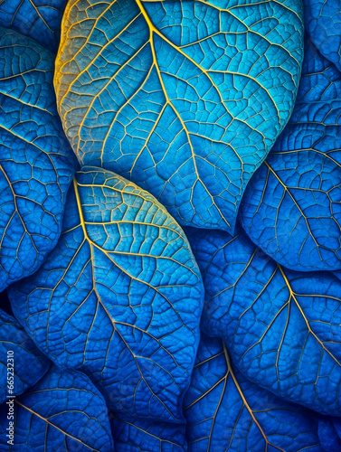 Gold and blue macro closeup of leaves texture. Blue and golden yellow leaf illustration, luxury background of multicolored winter golden leaves. Ornamental, natural leaves plants banner in garden photo