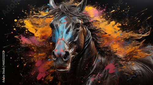 Colorful painting of a horse with creative abstract elements as background