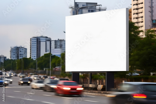 a blank billboard on the side of a busy highway with tall buildings in the background.