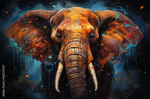 Colorful painting of a elephant with creative abstract elements as background