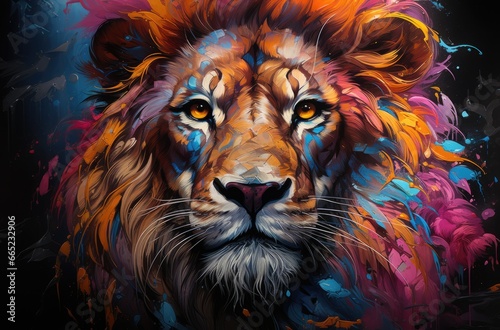 Colorful painting of a lion with creative abstract elements as background © loran4a