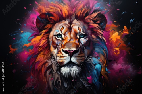 Colorful painting of a lion with creative abstract elements as background © loran4a