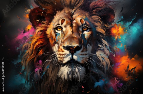 Colorful painting of a lion with creative abstract elements as background