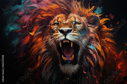 Colorful painting of a lion with creative abstract elements as background