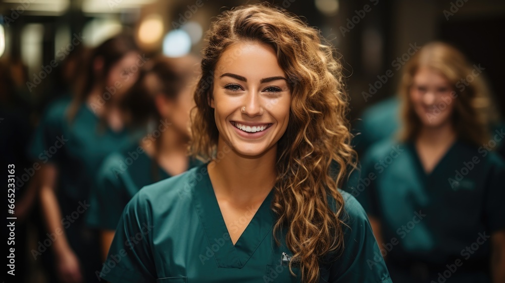Young female doctor smiling while standing in a hospital corridor with a diverse group of staff in the background