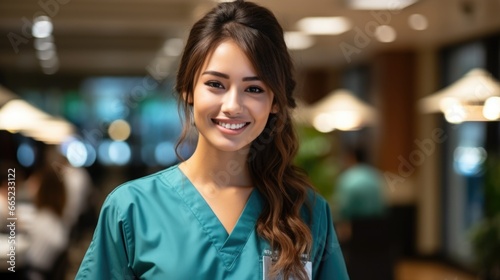 Young female doctor smiling while standing in a hospital corridor with a diverse group of staff in the background