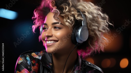 Modern and cool american woman listening music on headphones with smiley and happy attitude on trendy color background © loran4a