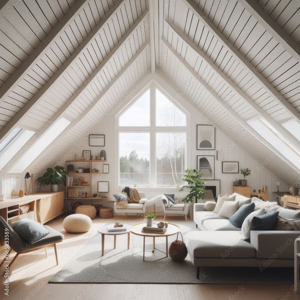 Lined ceiling and a Scandinavian design give a modern and cozy look to the living room in the attic.
