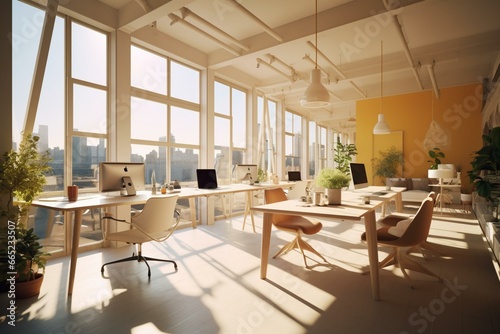 Contemporary workspace flooded with sunlight - trendy office. Generative AI © Rosamund