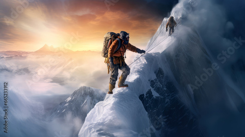 A man is climbing a tall snow mountain photo