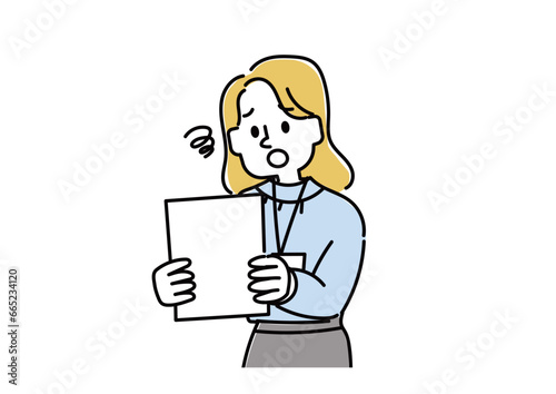 書類を見てがっかりしているビジネスマンのイラスト（女性）