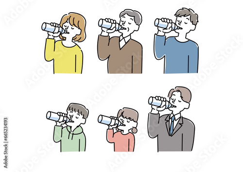 水を飲んでいるさまざまな年齢の人物のイラストセット