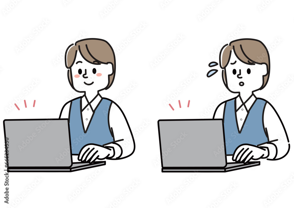 パソコン作業をしている会社員の女性のイラストセット