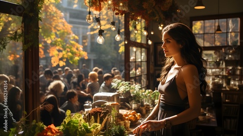 Urban Dining Charm: Beautiful Woman Enjoying Atmosphere in a Crowded City Restaurant