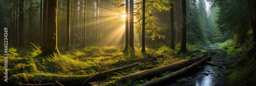 Fascinating light in wide panoramic green forest