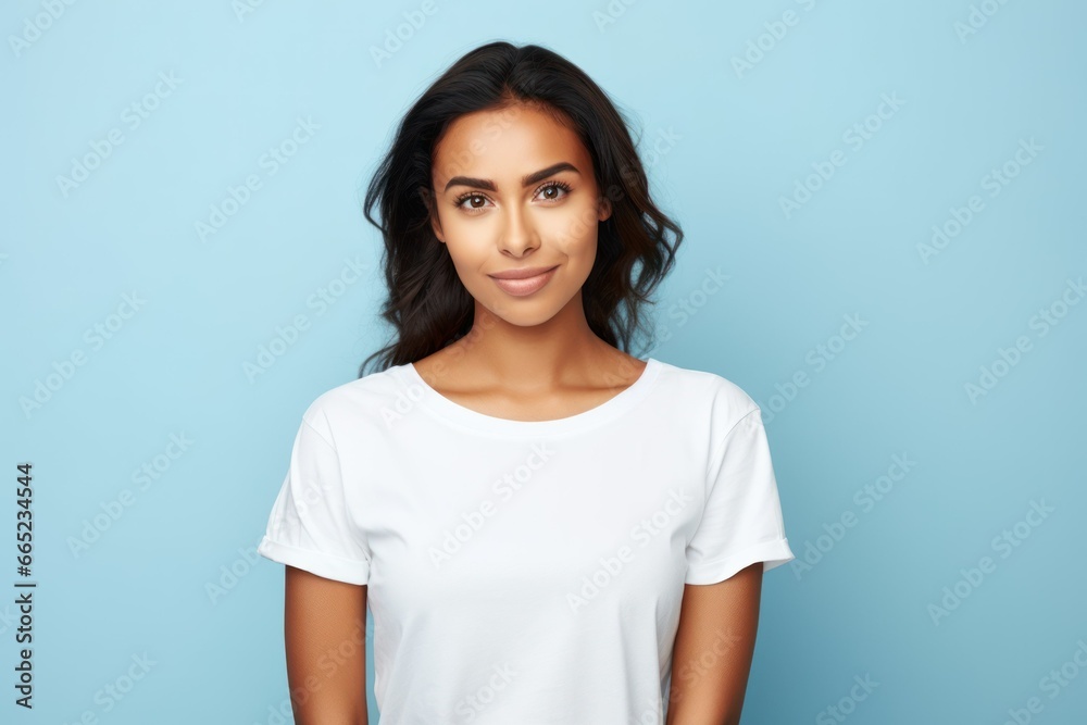 Joyful Facial Expression. Fictional Brunette Model Portrait Isolated on a Colored Background. Generative AI. Joyful Facial Expression. Fictional Brunette Model Portrait Isolated on a Colored Background. Generative AI.