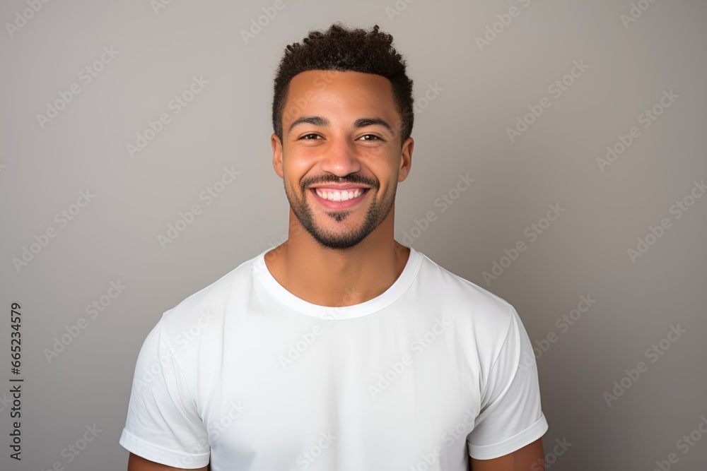 Joyful Facial Expression. Fictional Model Portrait Isolated on a Colored Background. Generative AI. Joyful Facial Expression. Fictional Model Portrait Isolated on a Colored Background. Generative AI.