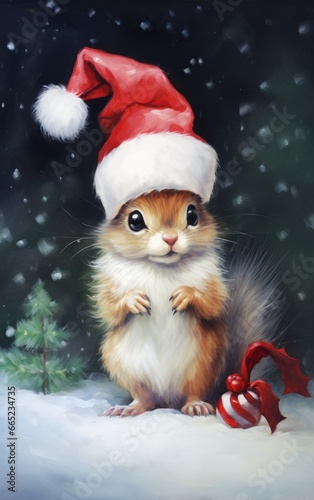 Ginger cat in Santa Claus hat on the background of snowfall