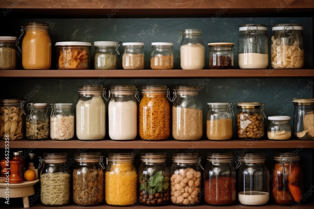 Wooden shelf full of glass storage jars on the kitchen wall