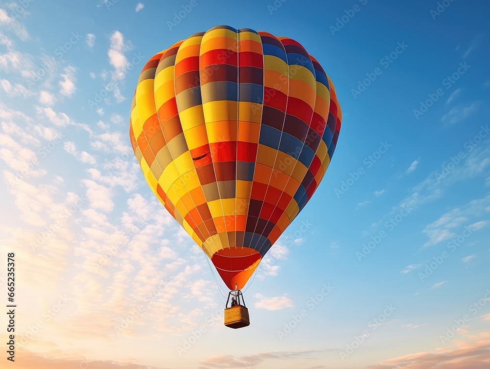 Naklejka premium A hot air balloon floats above the ground in front of a blue sky background