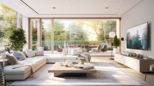 A contemporary living room design with large French windows surrounded by green plants