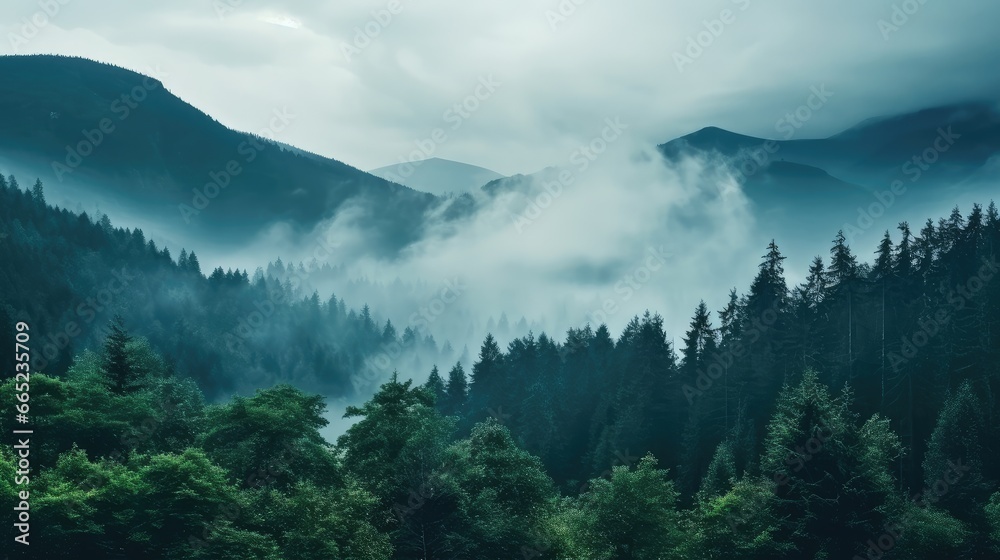 Cool toned misty valley overgrown with pine trees