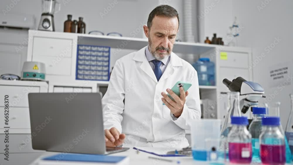 Smiling middle age man with grey hair, sporting a beard, engrossed in science research in his lab. a seasoned scientist, he juggles between his laptop and smartphone, analyzing biology data. Smiling middle age man with grey hair, sporting a beard, engrossed in science research in his lab. a seasoned scientist, he juggles between his laptop and smartphone, analyzing biology data.