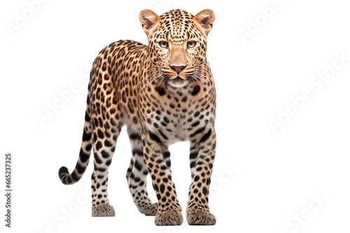 Leopard isolated on a transparent background. Animal front view portrait.