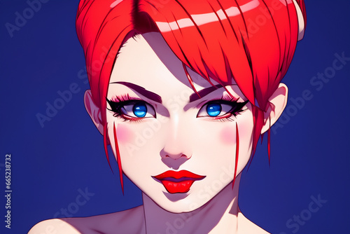 Pretty girl character. Female cartoon characters. Colorful anime illustration. Poster with anime girl. Illustration of young woman for social network design. Avatar social network. © Volodymyr