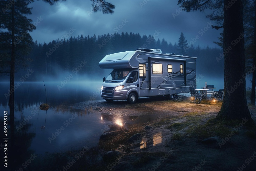 the recreational vehicle is parked next to the shore on a misty evening the recreational vehicle is parked next to the shore on a misty evening