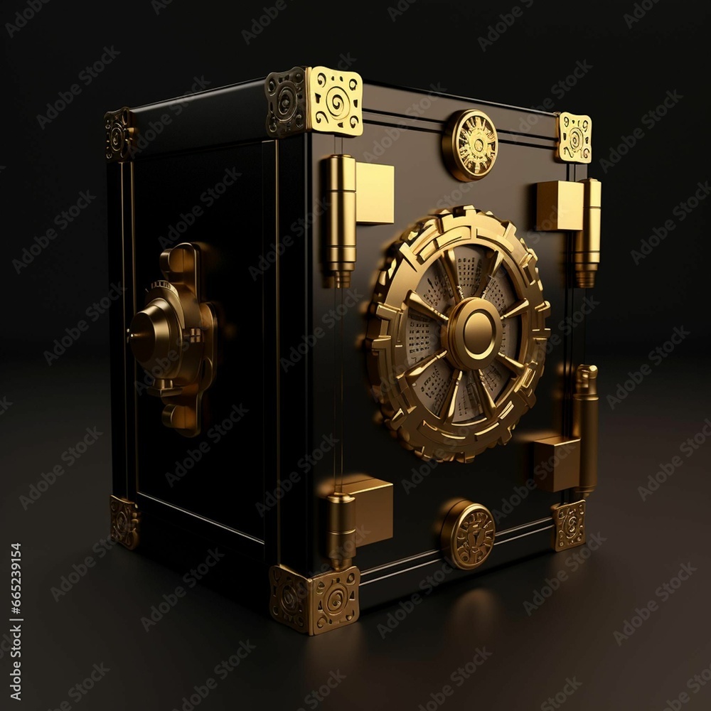 a gold and black metal safe door is open on a dark surface - obrazy, fototapety, plakaty 