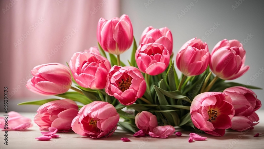 Fototapeta premium AI generated illustration of A selection of vibrant pink tulips on a plain white tabletop