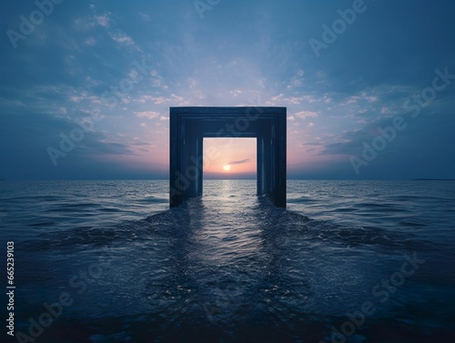 AI generated illustration of a wooden door in the middle of a raging ocean
