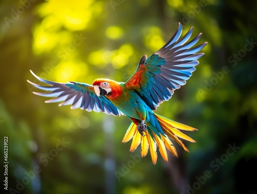 AI generated illustration of a majestic parrot soars above lush green foliage in a sunlit forest