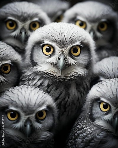 a bunch of owls with large eyes standing together in a group