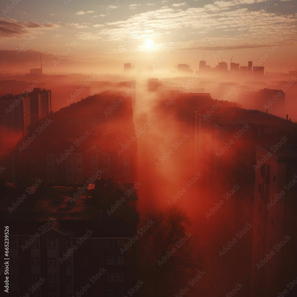 AI generated illustration of a beautiful view of a city skyline at sunrise, illuminated by a red hue