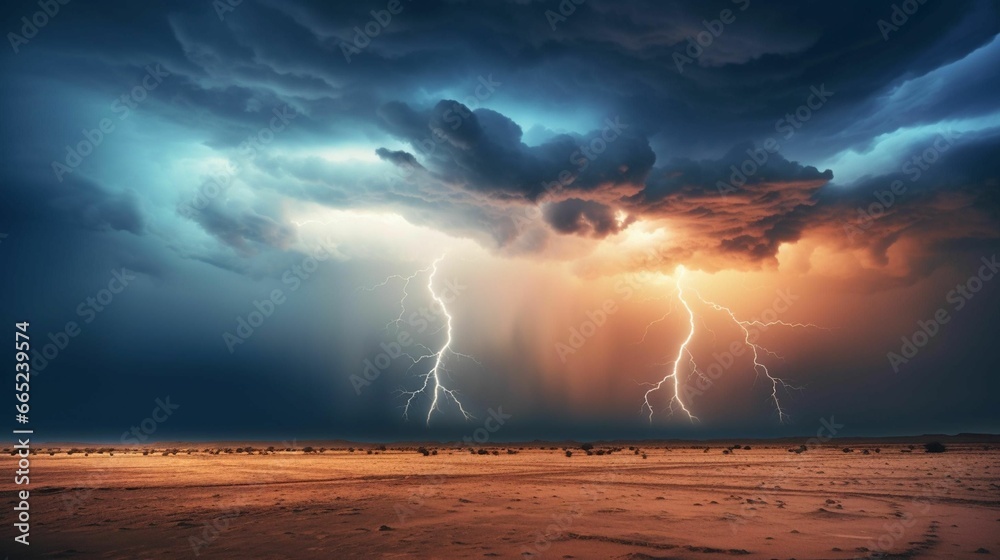 AI generated illustration of a dramatic night sky with a lightning bolt illuminating the desert