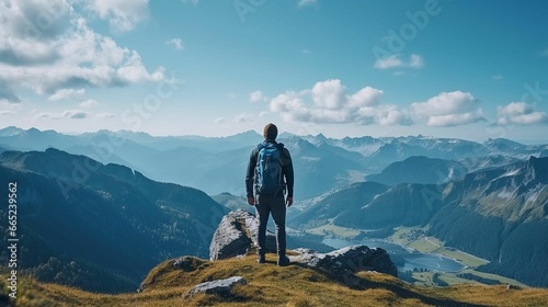 AI generated illustration of a man at the top of a hill, admiring the mountain range in the distance © Wirestock