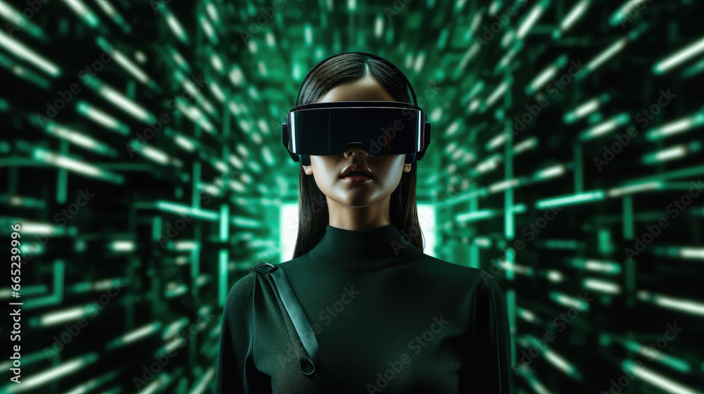 Young woman immersed in a VR headset with a concept of a green matrix of light in the background. Futuristic virtual experience Young woman immersed in a VR headset with a concept of a green matrix of light in the background. Futuristic virtual experience
