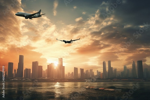 Airplanes soaring above urban skyline. Generative AI
