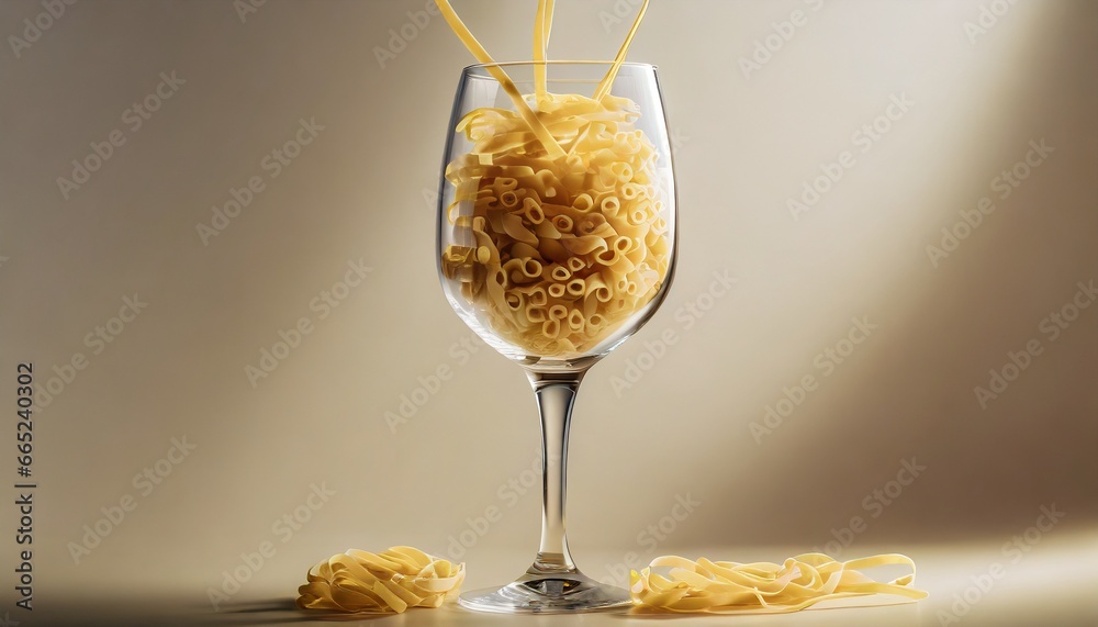Noodles in a wine glass. Concept of credulity and deception. Background with selective focus Noodles in a wine glass. Concept of credulity and deception. Background with selective focus