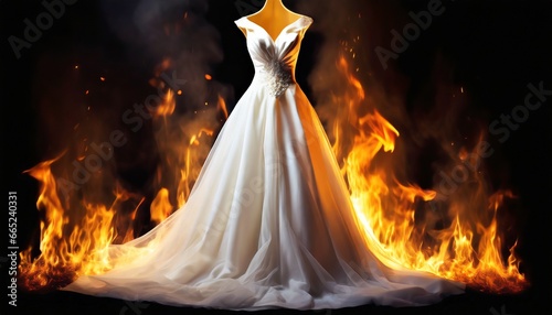 Burning elegant wedding dress in a fire flame on a dark background. The concept of a upset wedding, a canceled holiday