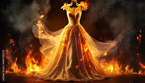 Burning luxury wedding dress in a fire flame on a dark background. The concept of a upset wedding, a canceled holiday