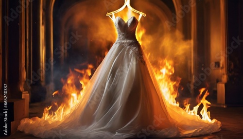 Burning expensive wedding dress in the flames of the fire. The concept of a upset wedding, a canceled holiday