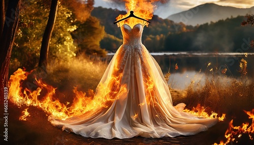 Burning wedding dress in the flames of fire in nature. The concept of a upset wedding, a canceled holiday