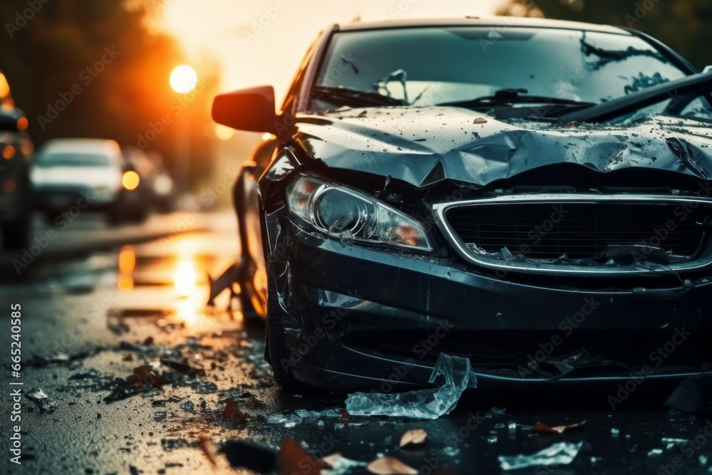 Broken car in an accident. Crash on the road. Background with selective focus and copy space Broken car in an accident. Crash on the road. Background with selective focus and copy space