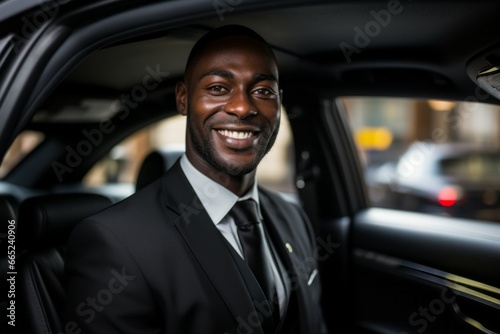 Professional chauffeur. Portrait with selective focus and copy space